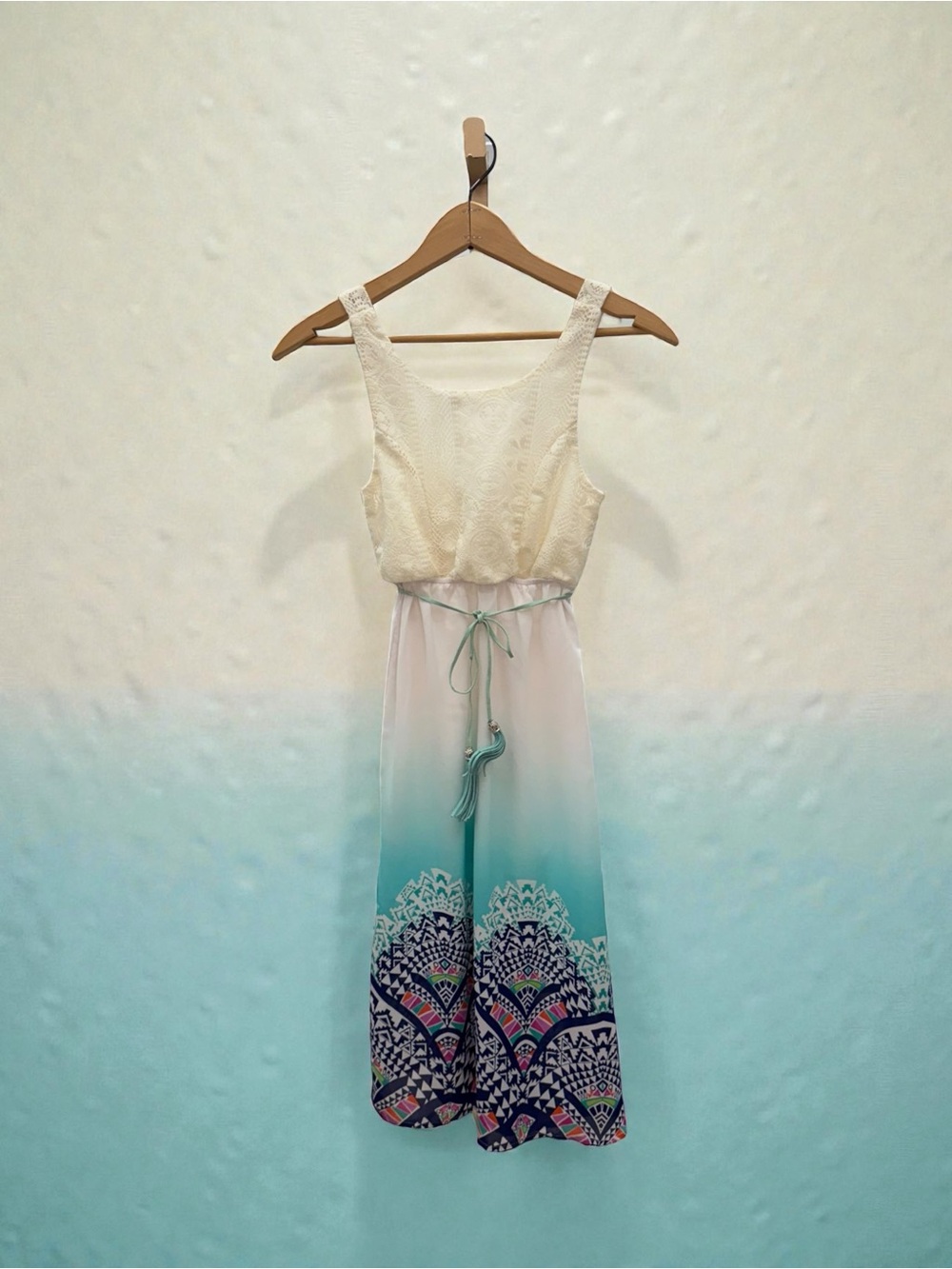 paper‎ doll Cream to Teal Ombre Maxi Dress with Patterned Hem